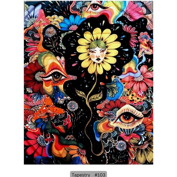 Trippy Mushrooms with Eye and Flowers Tapestry Hanging Wall Decor - Picture 1 of 1